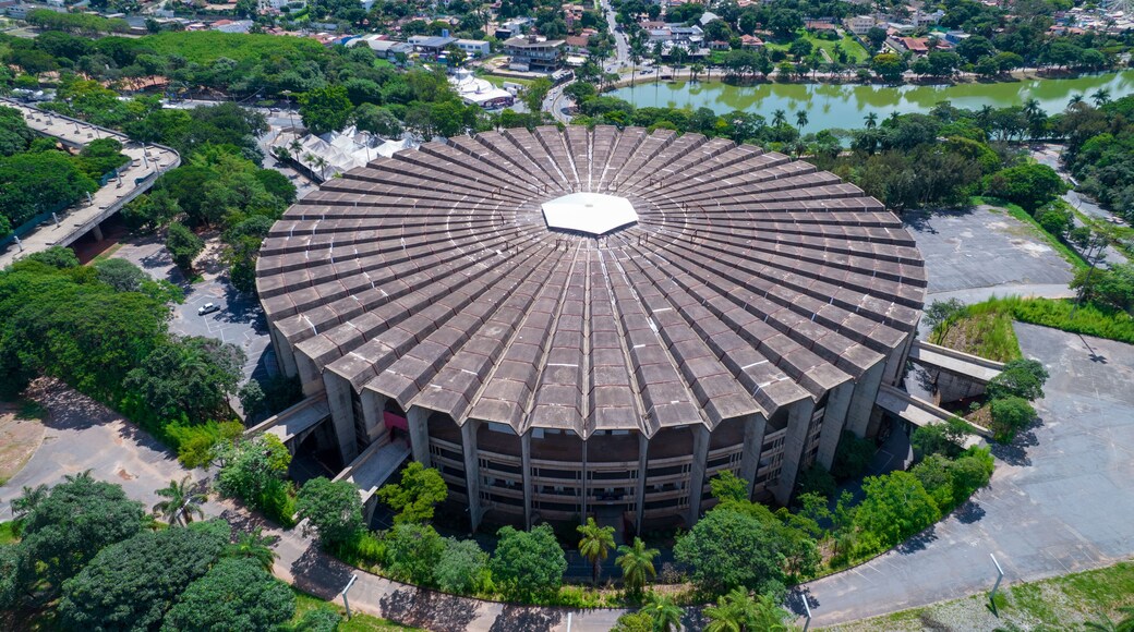 Aerial view of the Mineirão football stadium, Mineirinho with the Pampulha lagoon in the background, Belo Horizonte, Brazil