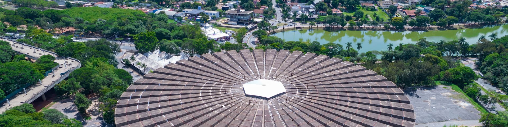 Aerial view of the Mineirão football stadium, Mineirinho with the Pampulha lagoon in the background, Belo Horizonte, Brazil