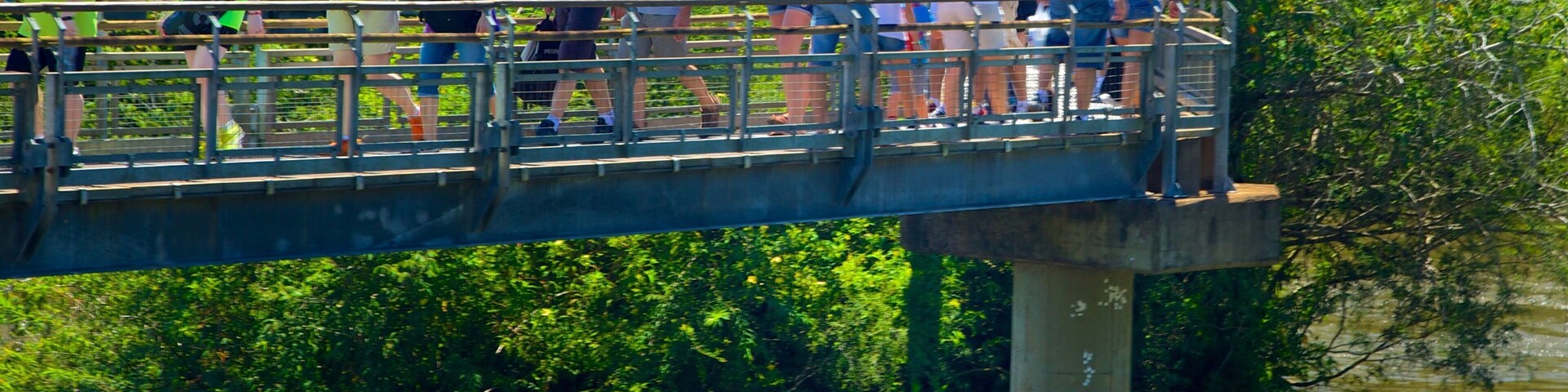 Un puente con gente caminando, rodeado de follaje y un río.