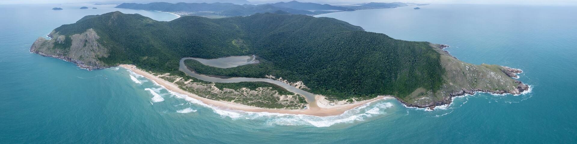 Aerial panorama of the beach of Lagoinha do Leste on the south of the island of Santa Catarina, Florianopolis, Brazil
