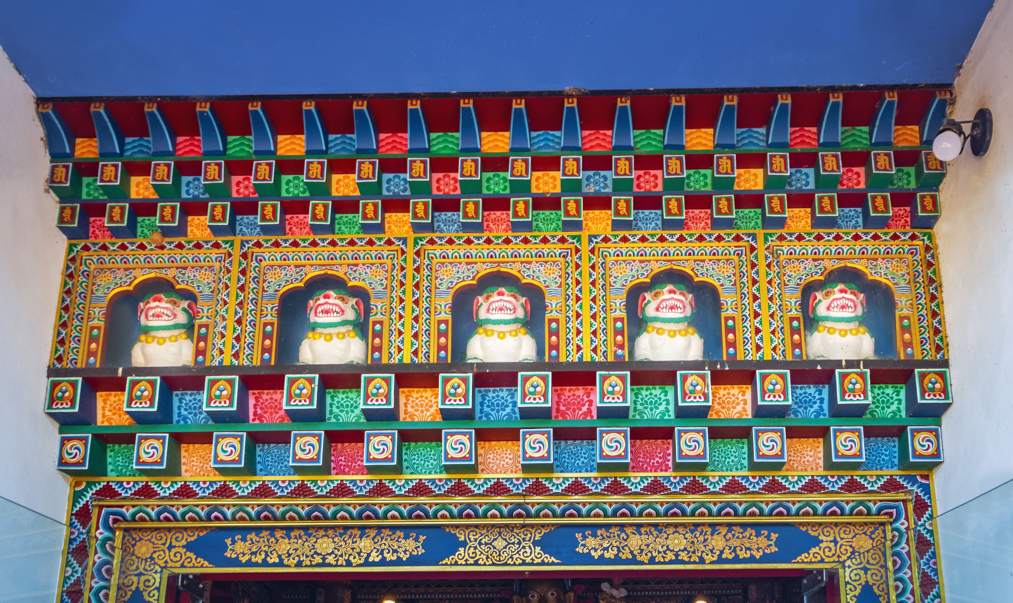 Tibetan Snow Lion Statues at entrance of a temple in Chagdud Gonpa Khadro Ling Buddhist Temple - Tres Coroas, Rio Grande do Sul, Brazil