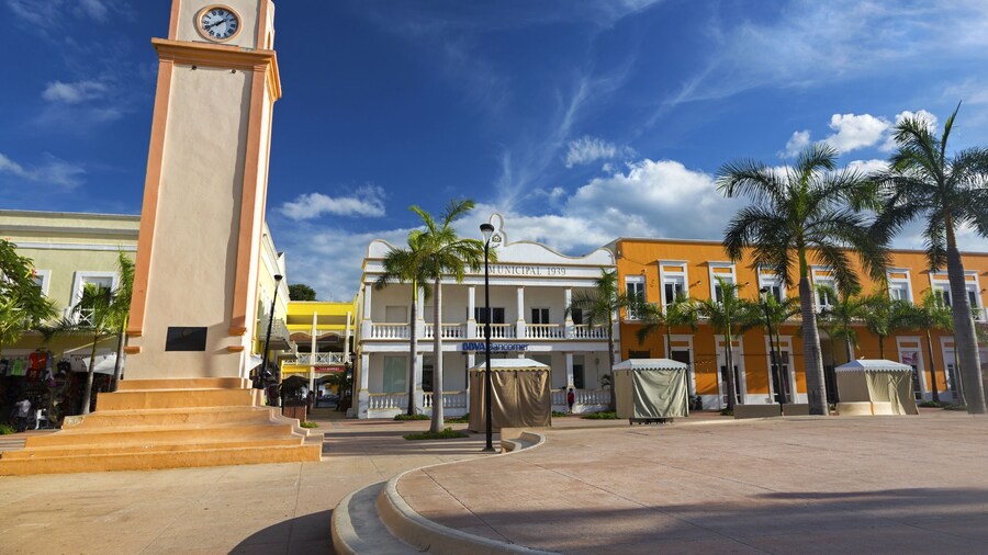 Plaza Del Sol Town Square and Tower Clock in Downtown San Miguel near Cruise Ship Port in Cozumel Mexico, Yucatan Peninsula