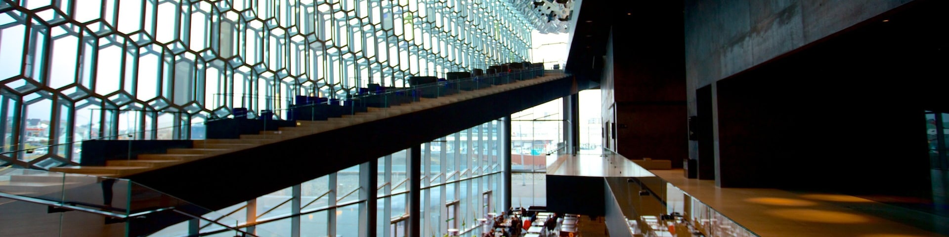 Harpa ofreciendo arquitectura moderna y vistas de interior