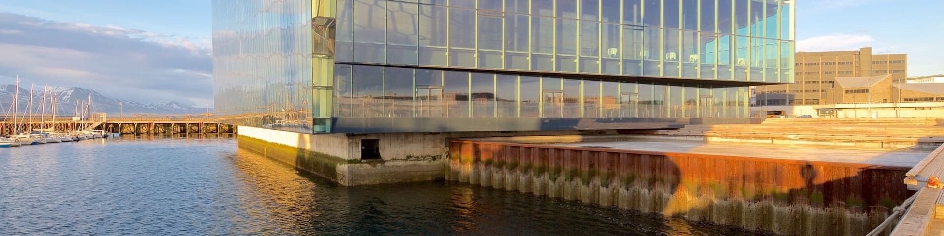 Harpa which includes modern architecture and general coastal views