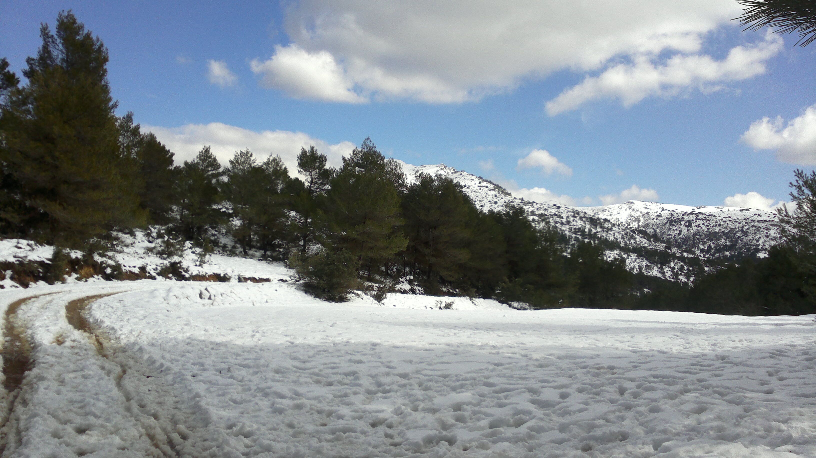 A snow-covered mountain landscape with a dirt path.