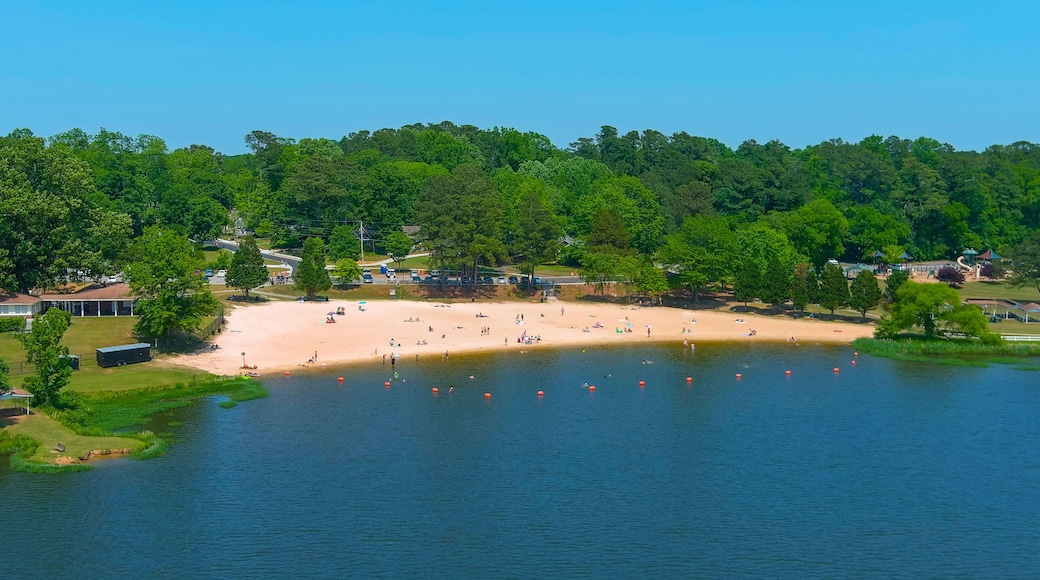 an aerial shot of people relaxing on the beach at Lake Acworth with silky brown sand and blue lake water surrounded by lush green trees and grass with blue sky at Cauble Park in Acworth Georgia USA