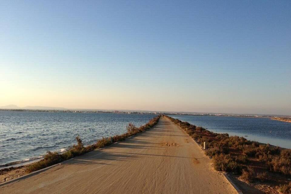 A long, straight concrete pathway along a body of water with sparse vegetation on the sides.