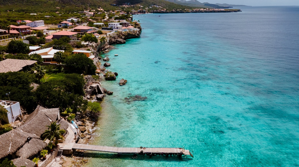 Playa Kalki Curacao tropical Island in the Caribbean sea, Aerial view over beach Playa Kalki on the western side of Curacao Caribbean Dutch Antilles azure ocean