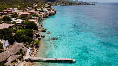 A coastal town with turquoise waters, a wooden pier, and houses with red roofs.