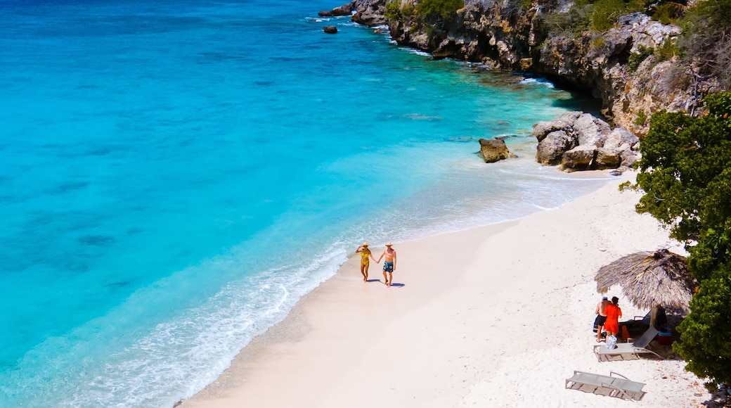 Playa Kalki Beach Caribbean island of Curacao, Playa Kalki in Curacao, white beach with a blue turqouse colored ocean. Drone aerial view of a couple of men and women at the beach