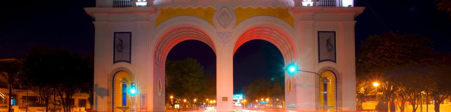 Los Arcos de Guadalajara featuring a monument, night scenes and a city
