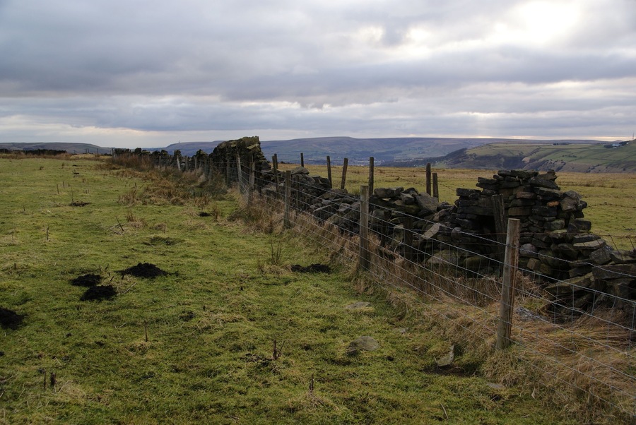A broken down wall on Bonfire Hill This has been supplemented by a wire fence on both sides.