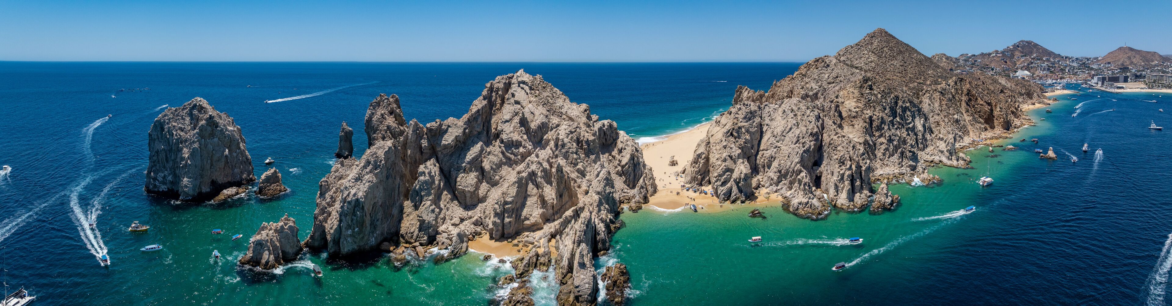panoramic aerial view of Arch of Cabo San Lucas aka El Arco, Baja California Sur, Mexico, of the southernmost tip of the Baja California peninsula, located in the Pacific Ocean and Gulf of California