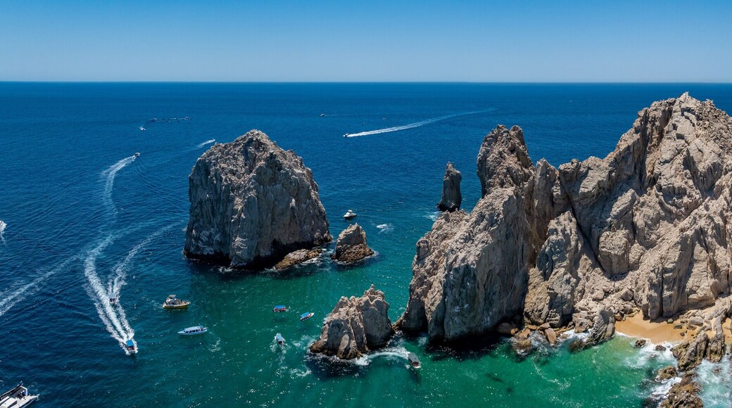 panoramic aerial view of Arch of Cabo San Lucas aka El Arco, Baja California Sur, Mexico, of the southernmost tip of the Baja California peninsula, located in the Pacific Ocean and Gulf of California