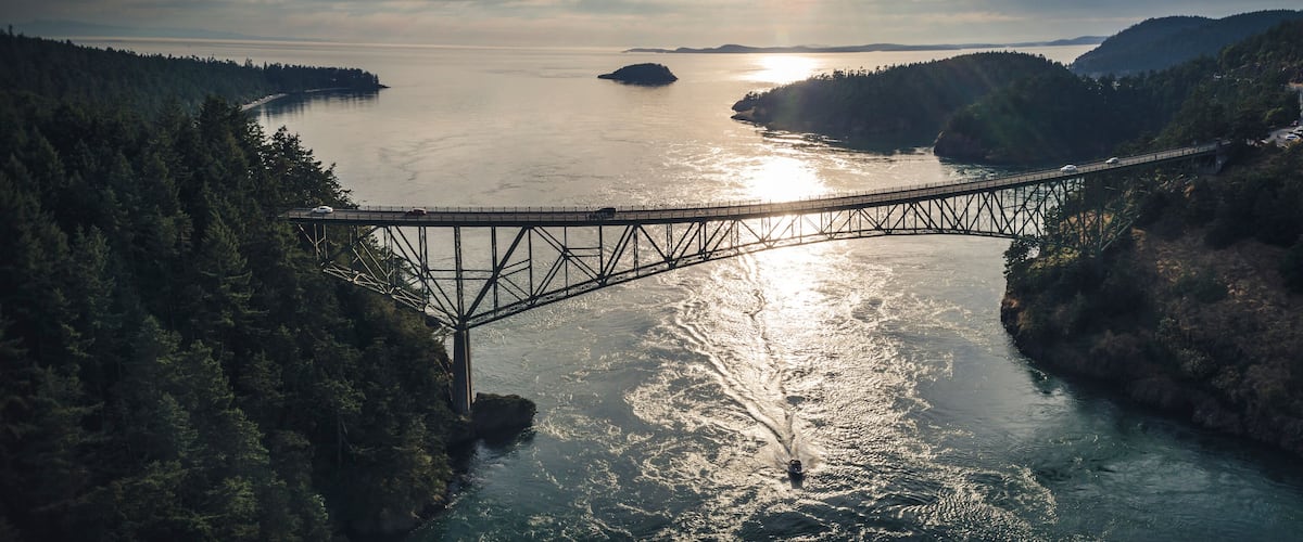 Stylized Fisheye Panorama of Deception Pass Bridge at Golden Hour