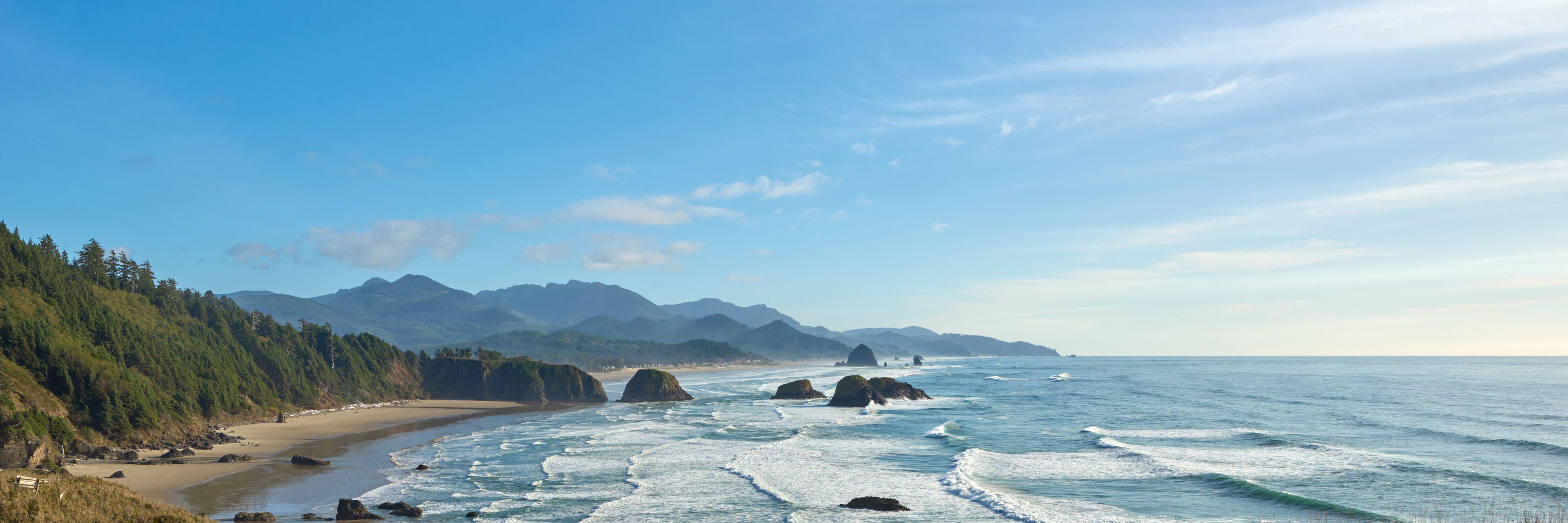 A coastal landscape with a sandy beach, rocky outcrops, and a forested hillside.