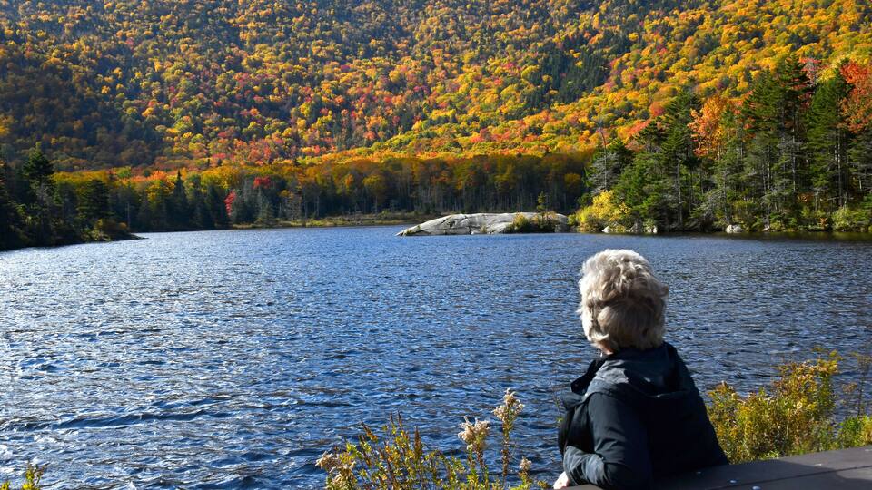 A person sitting by a lake with autumn-colored trees in the background.