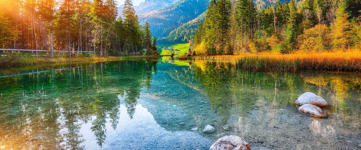 Fantastic autumn sunset of Hintersee lake