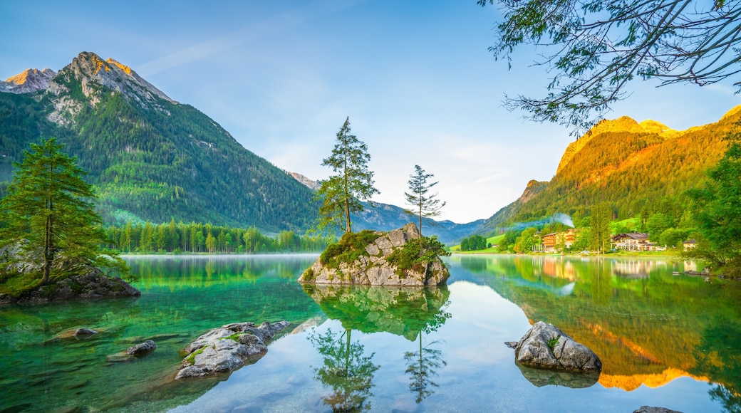 Hintersee lake at sunny morning light. Bavarian Alps on the Austrian border, Germany, Europe