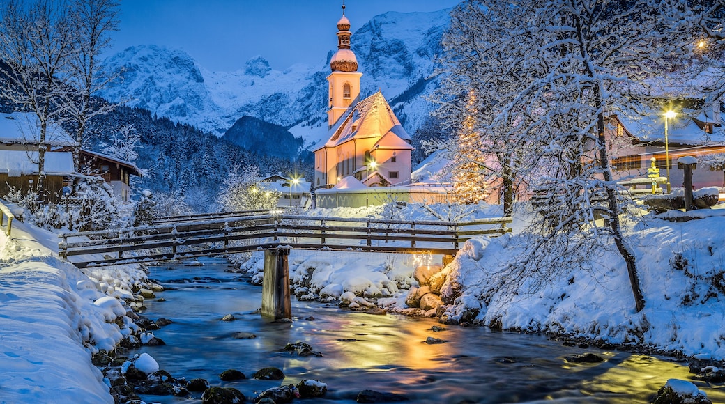 Church of Ramsau in winter twilight, Bavaria, Germany