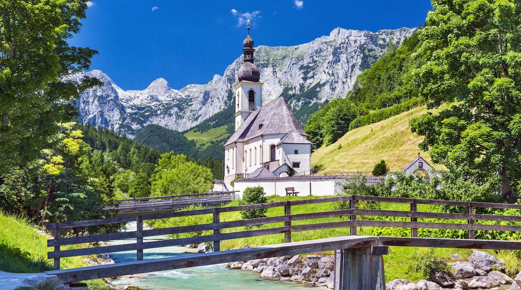 Scenic mountain landscape in the Bavarian Alps and famous Parish Church of St. Sebastian in the village of Ramsau in falltime, Nationalpark Berchtesgadener Land, upper Bavaria, Germany