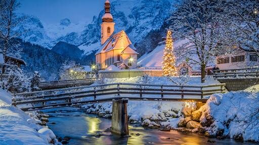 Church of Ramsau in winter twilight, Bavaria, Germany