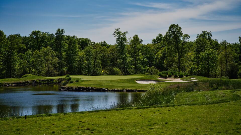 A golf course with a pond, sand bunkers, and a forested background.