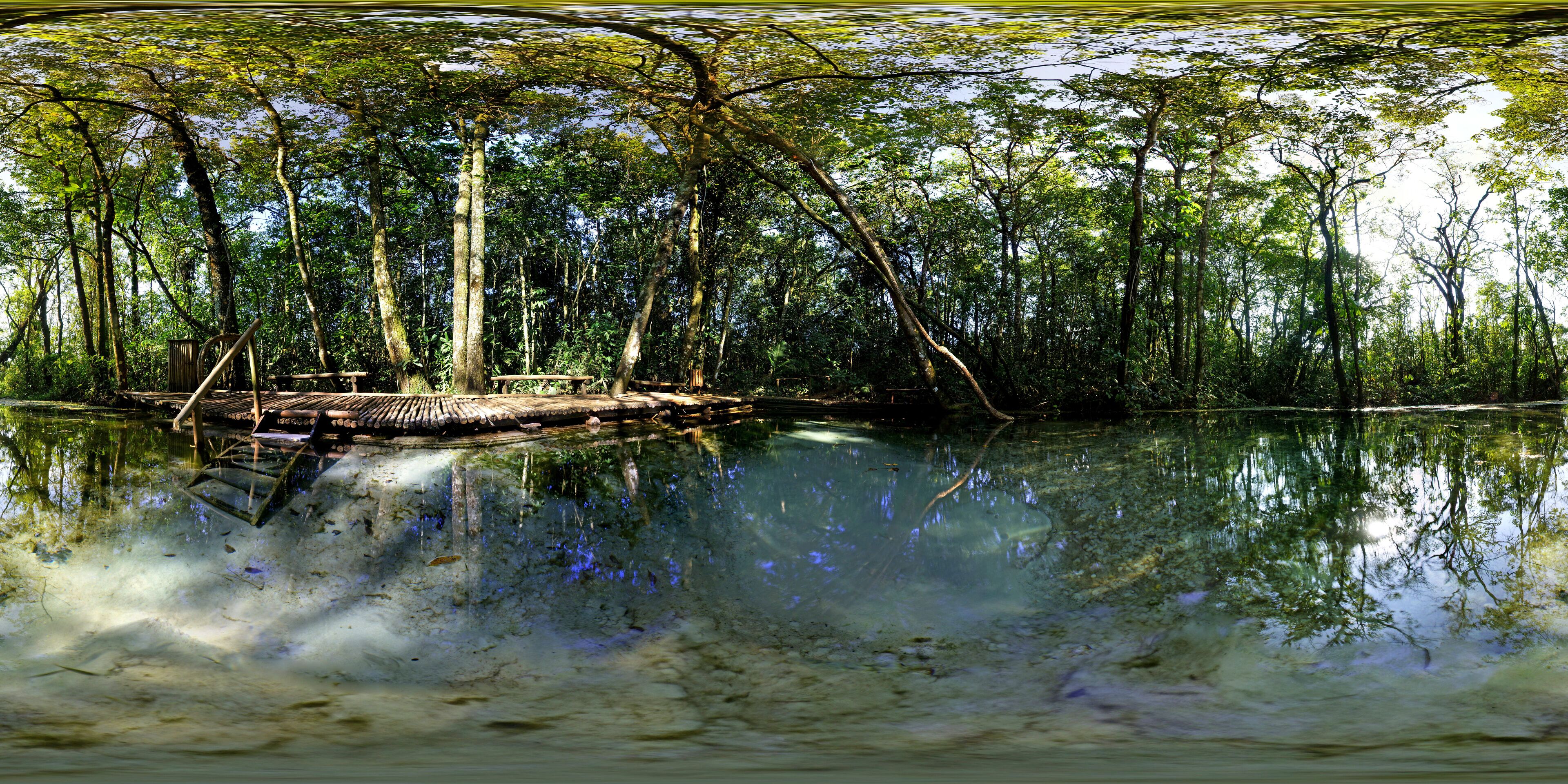 A tranquil river with a wooden dock and dense trees reflecting on the water.