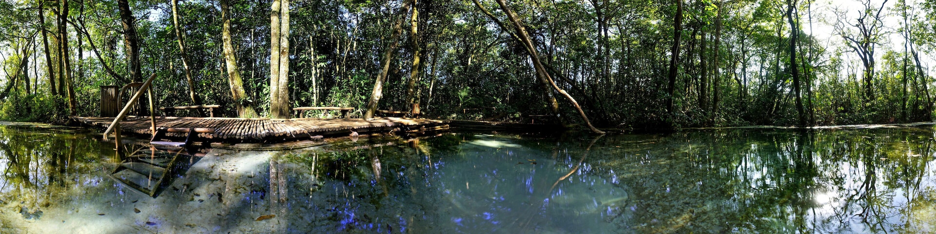A tranquil river with a wooden dock and dense trees reflecting on the water.