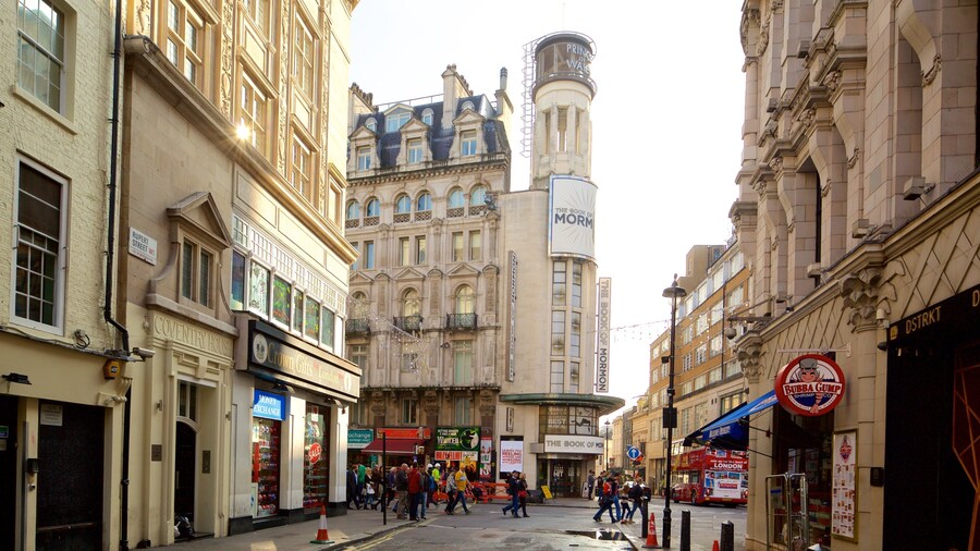 Prince of Wales Theatre which includes heritage architecture, a city and theatre scenes