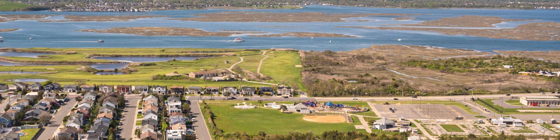 Aerial view over Nassau County on Long Island New York
