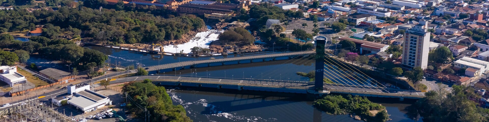 cable-stayed bridge over the Tiete river seen from the top in Salto, Sao Paulo, Brazil