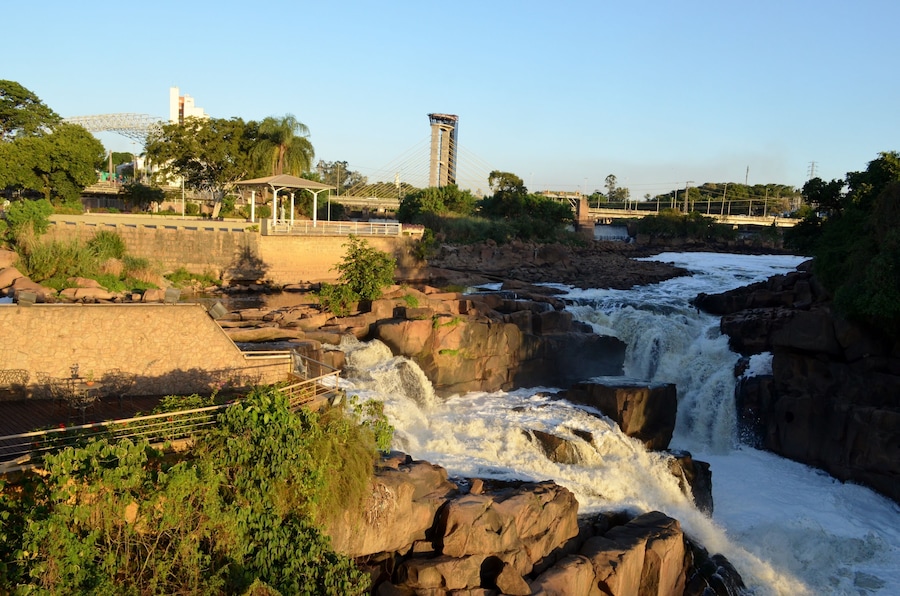 Polluted Tiete river in Salto city, S√£o Paulo, Brazil - Waterfall turistc complex park