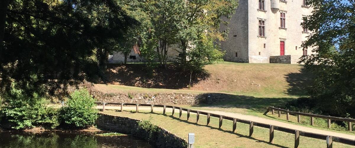 A castle with a moat, surrounded by trees and a clear blue sky.
