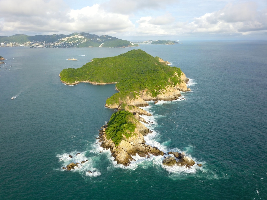 Drone view of the south side of the island of La Roqueta