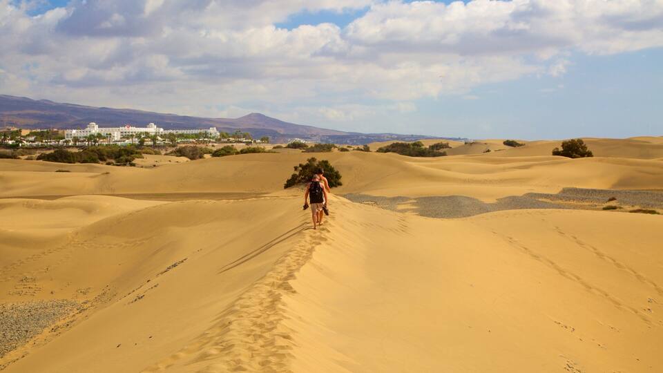 A desert landscape with sand dunes and a person walking towards a building in the distance.