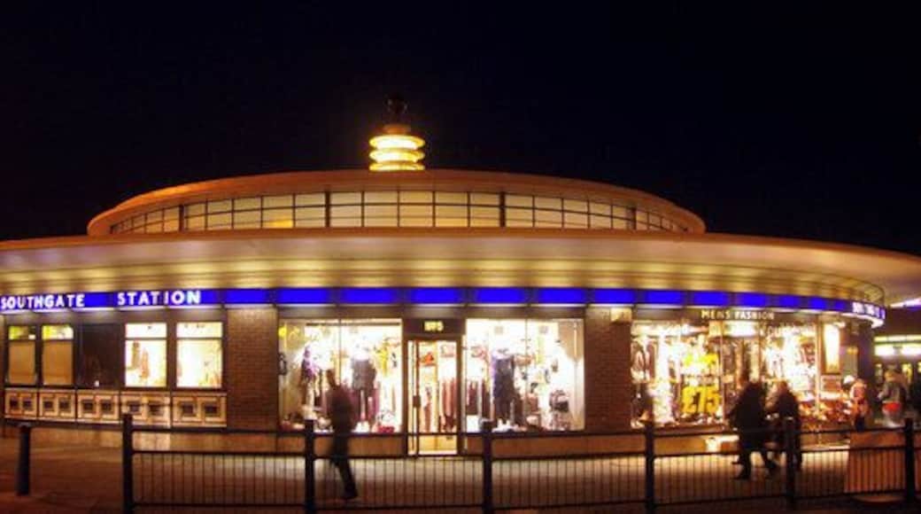 Southgate Station, London N14 Night time view of Charles Holden's art deco building.