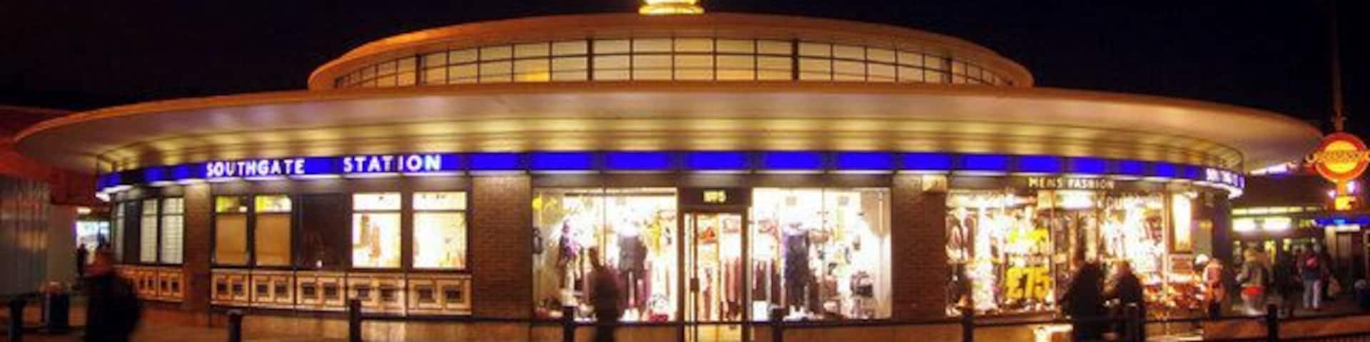 Southgate Station, London N14 Night time view of Charles Holden's art deco building.