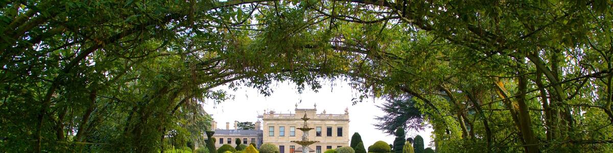 Brodsworth Hall showing a fountain, flowers and a park