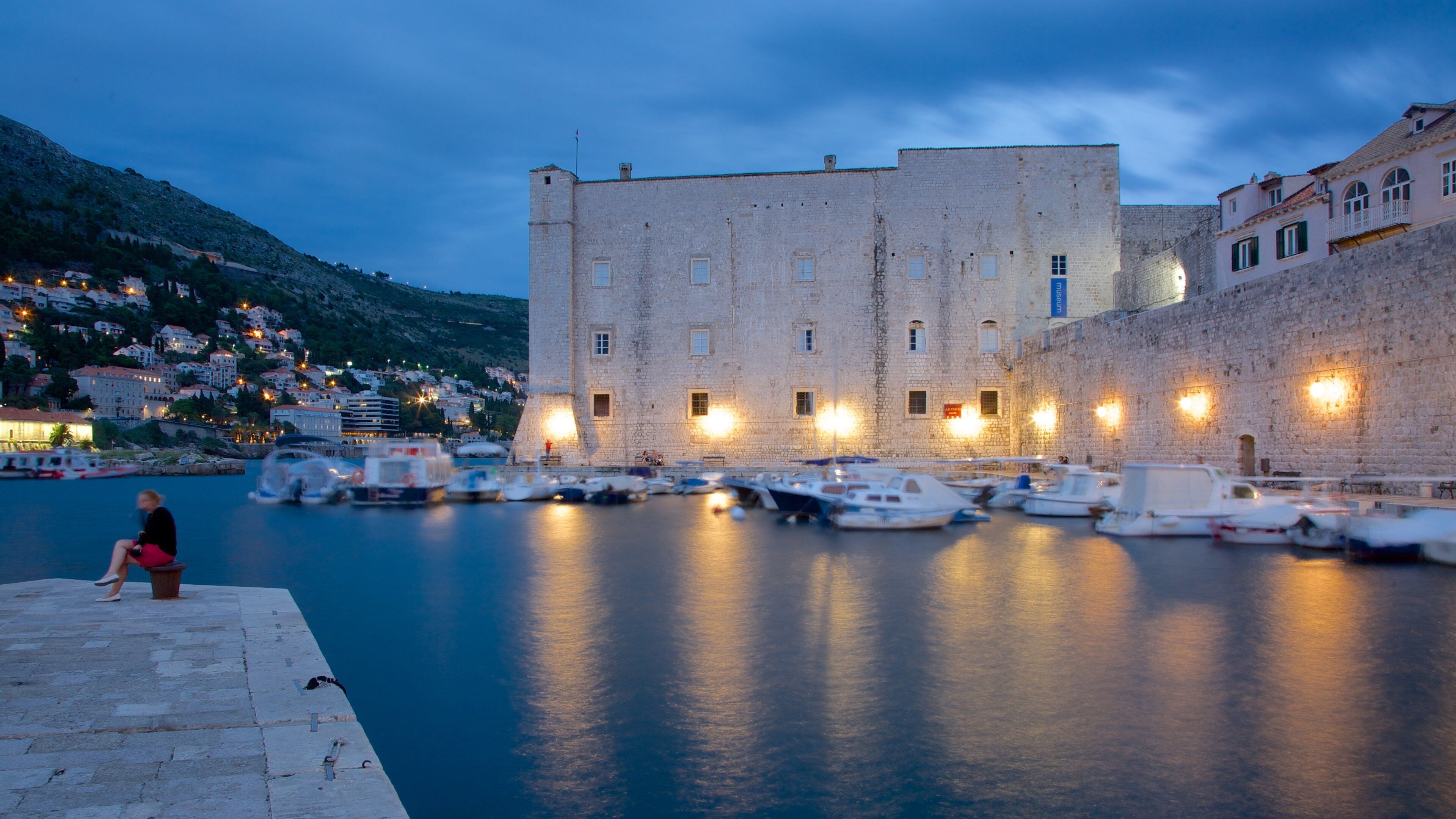 Dubrovnik Aquarium and Maritime Museum featuring heritage architecture, night scenes and a marina