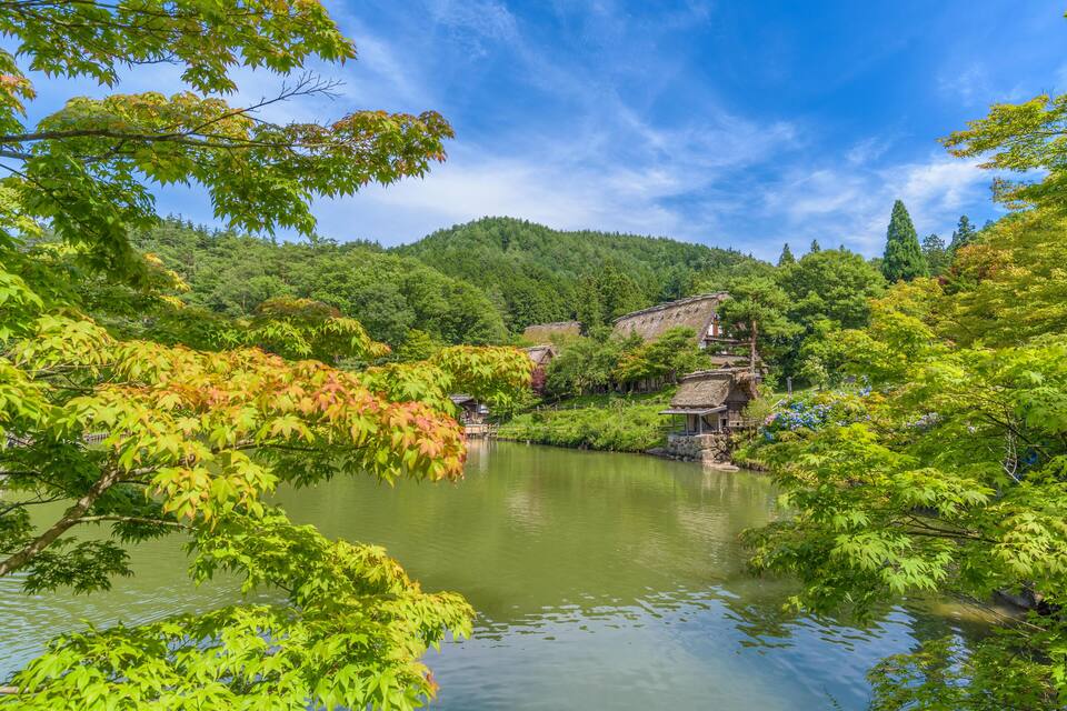 A serene lake surrounded by lush greenery and traditional architecture.