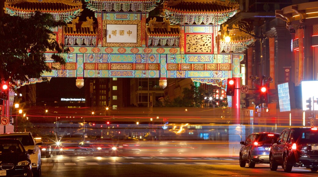 Washington featuring night scenes, outdoor art and a city