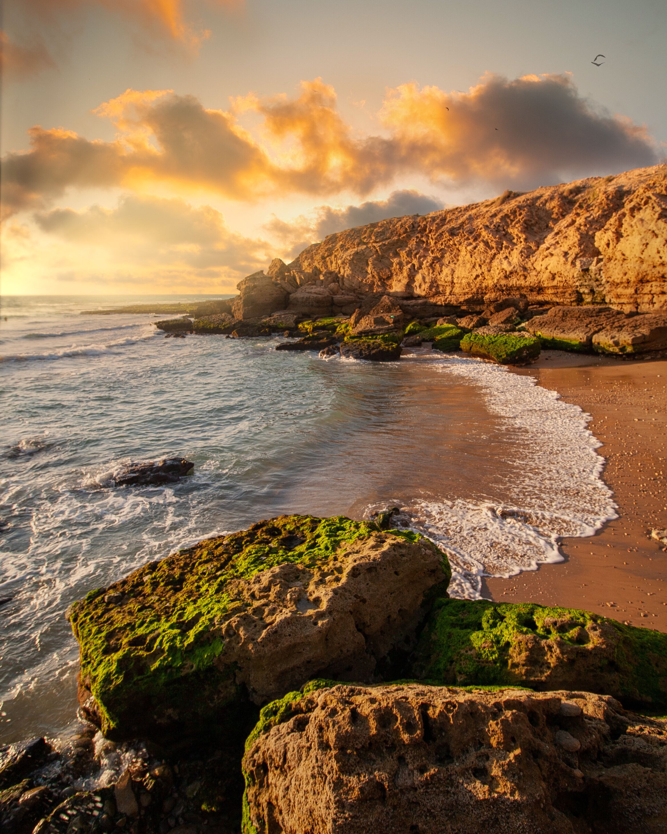 A coastal landscape with rocky cliffs, green moss-covered rocks, and waves crashing onto the sandy beach.