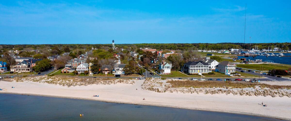 Aerial View of Beach Homes in Cape Charles Virginia Seen from the Chesapeake Bay