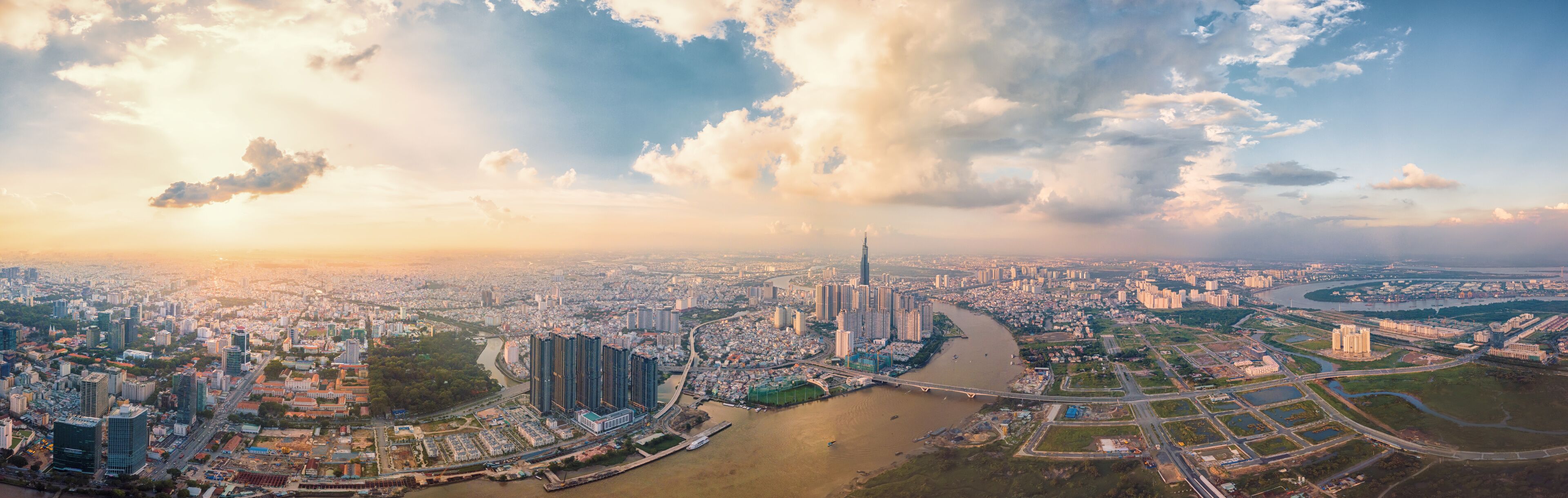 Panorama cityscape of Ho Chi Minh city under blue sky