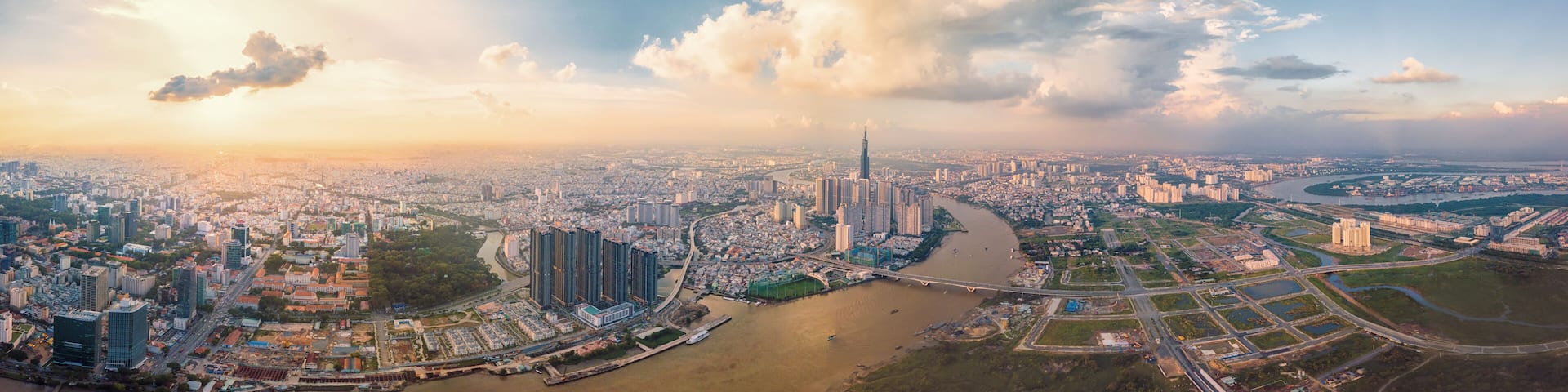 Panorama cityscape of Ho Chi Minh city under blue sky
