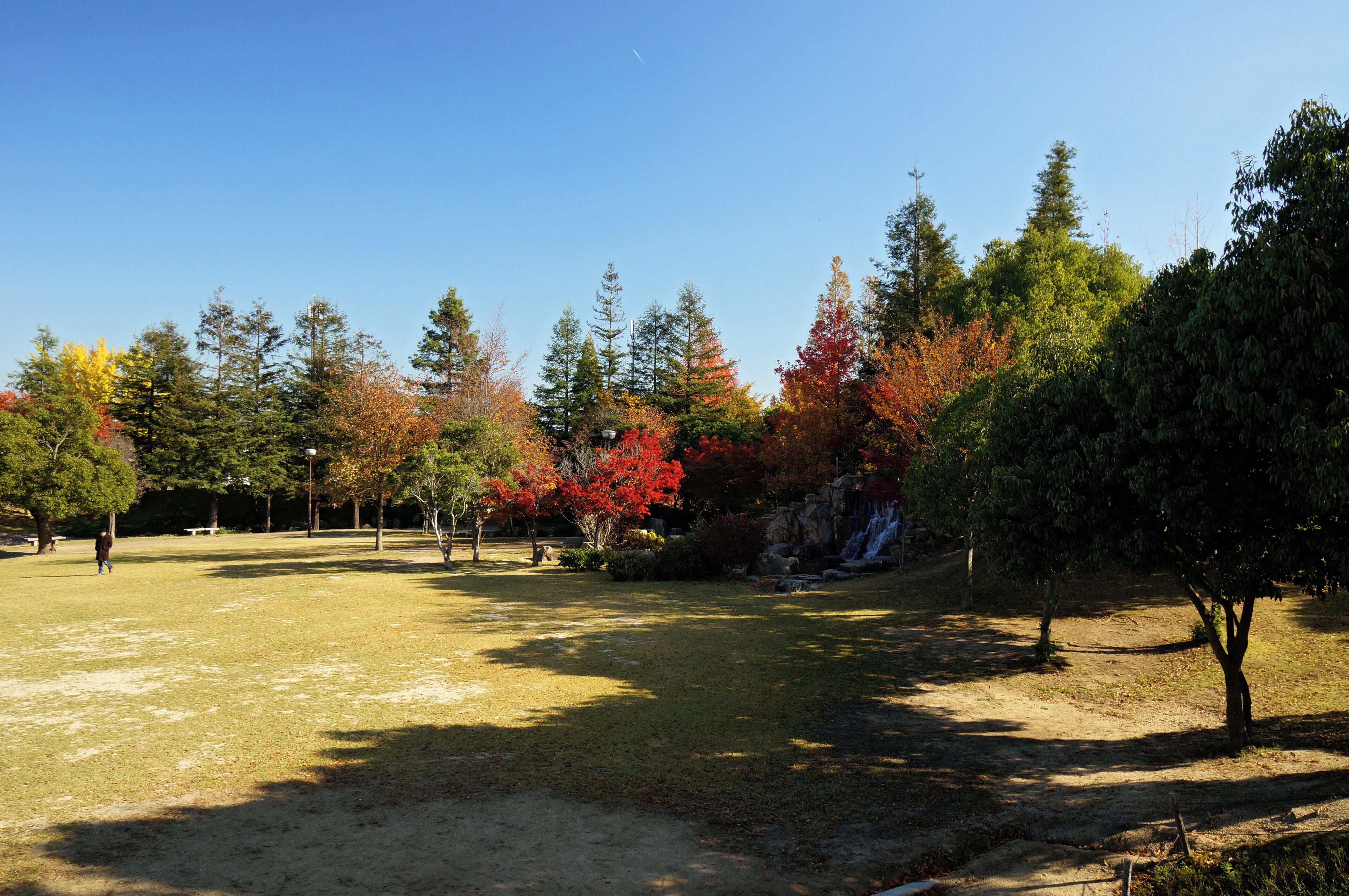 A park with autumn trees, a clear sky, and a small waterfall.