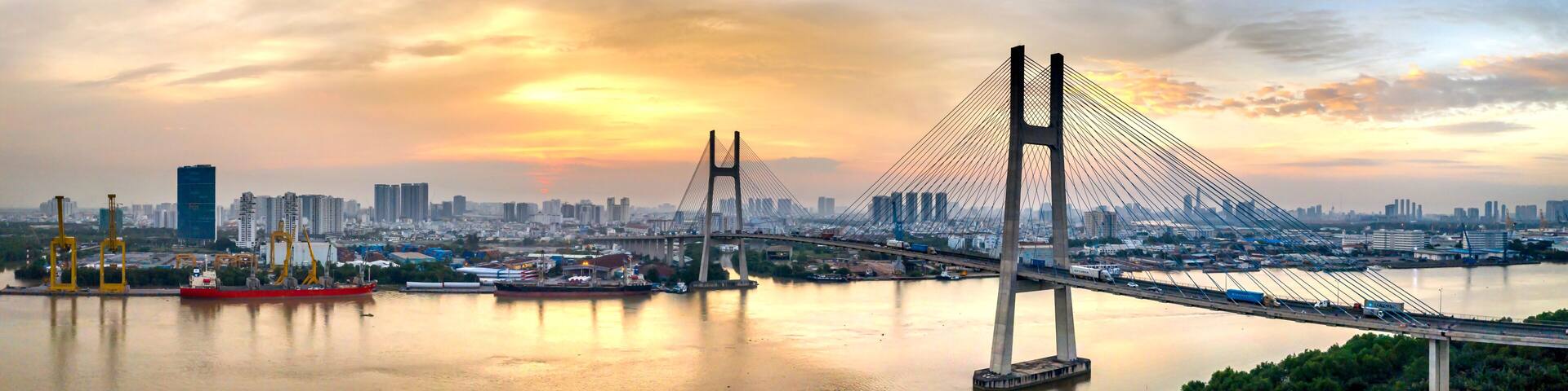 Phu My bridge in the beautiful twilight sunset in Sai Gon city, Viet Nam.