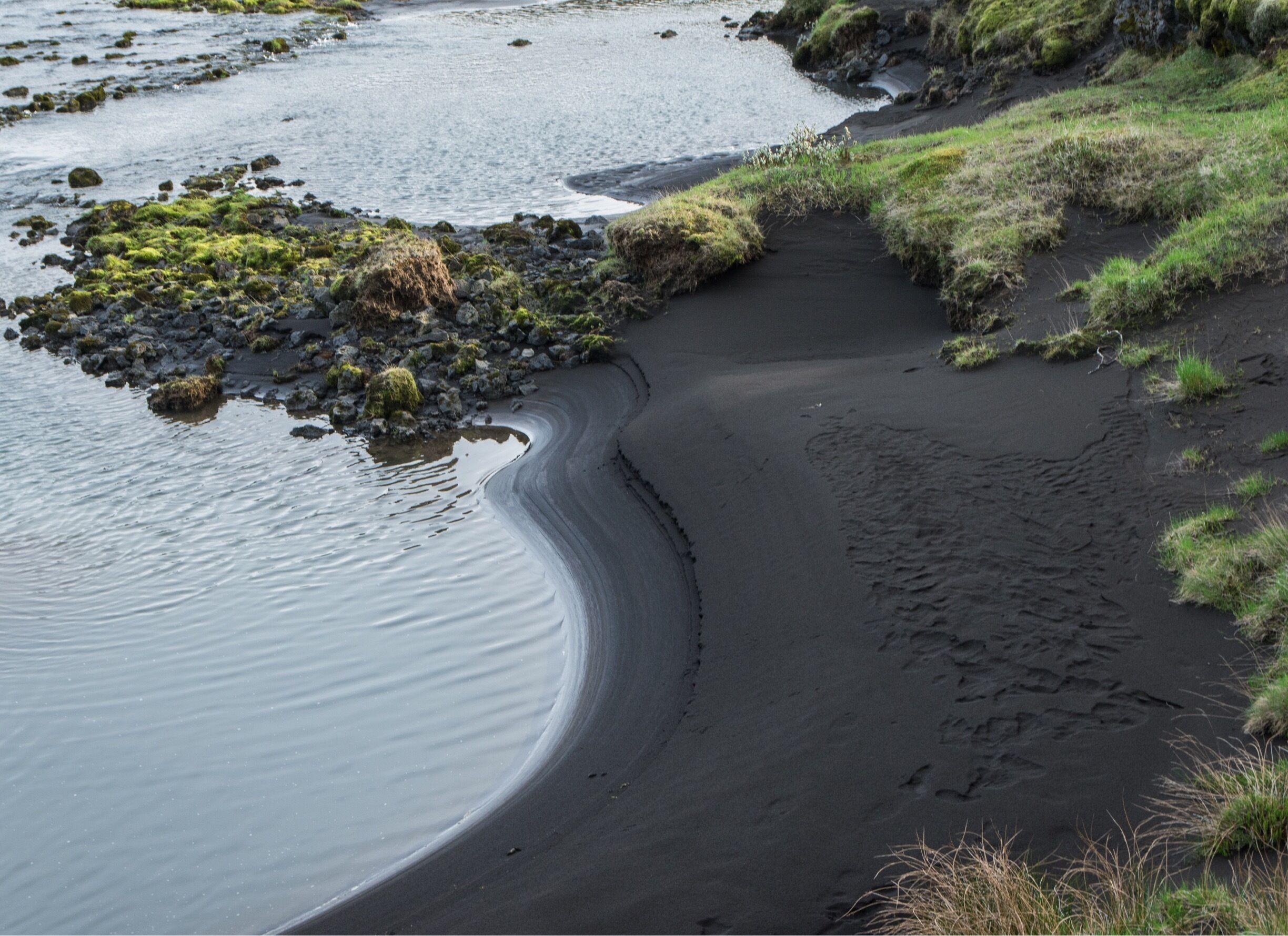 Orilla de río con arena oscura y vegetación verde.