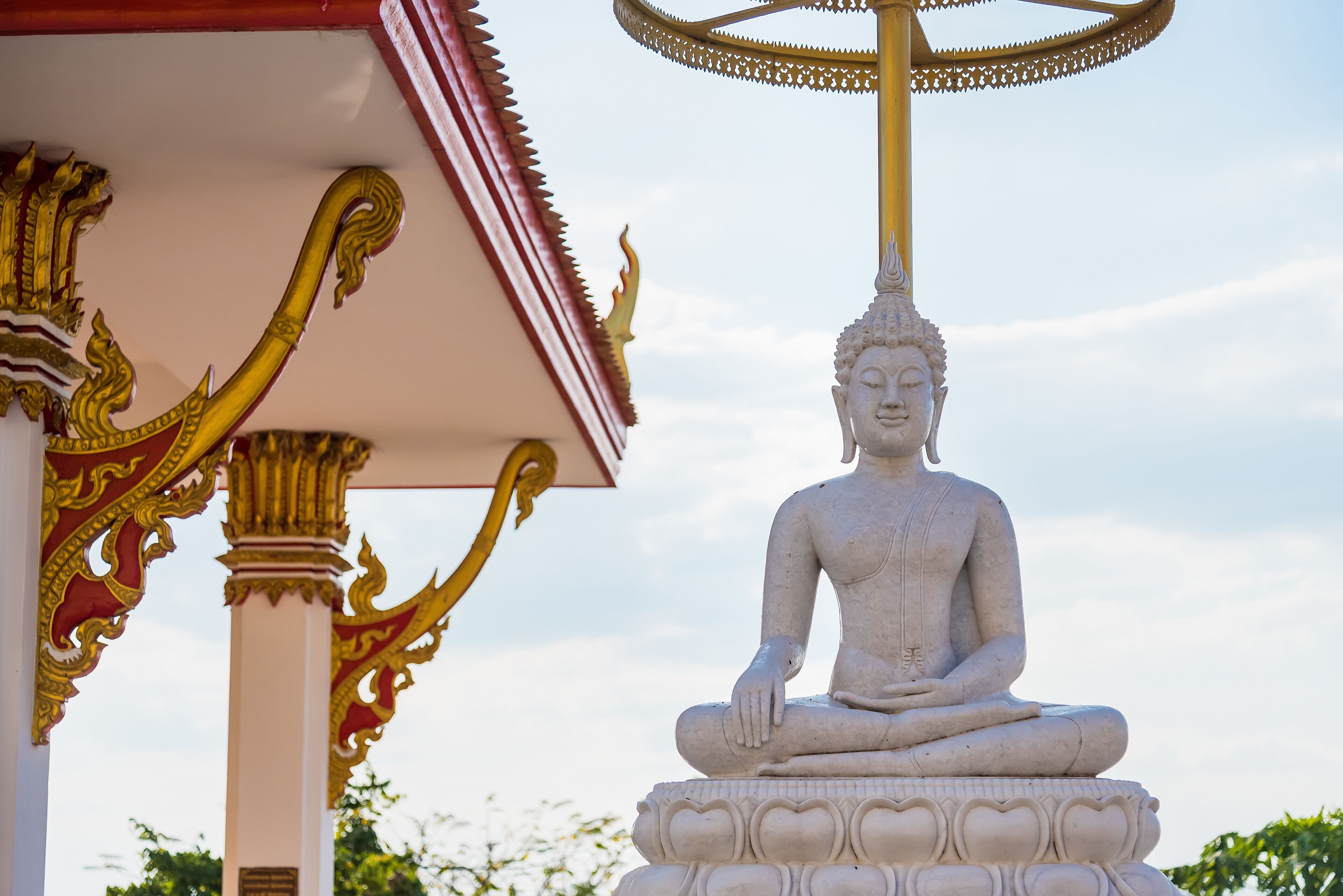 White buddha in Wat Sangkat Rattana Khiri on Khao Sakae Krang mountain in Uthai Thani, Thailand.